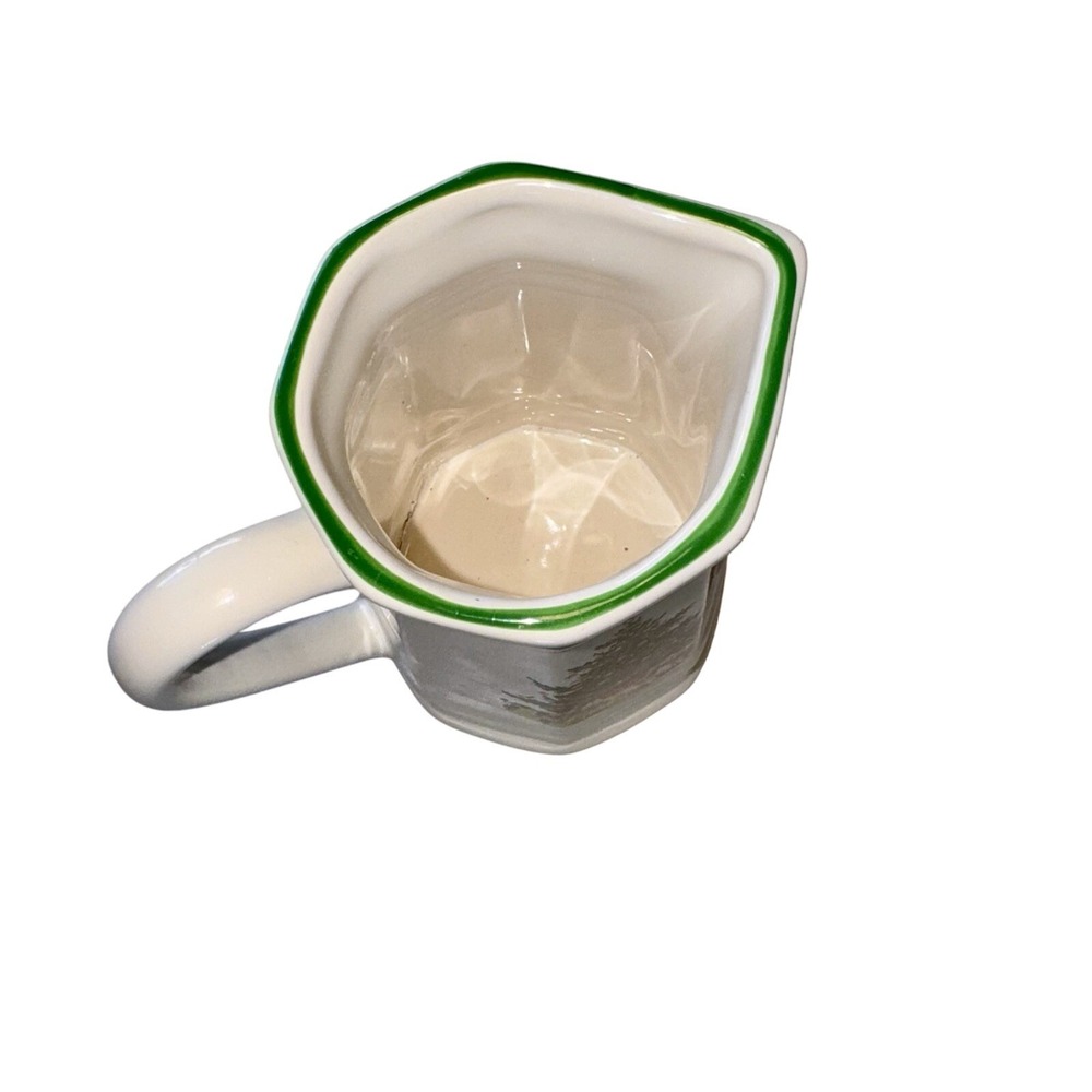 White Christmas Tree Cream Pitcher Ceramic Green Rim Holiday Decor vintage - Picture 2 of 7